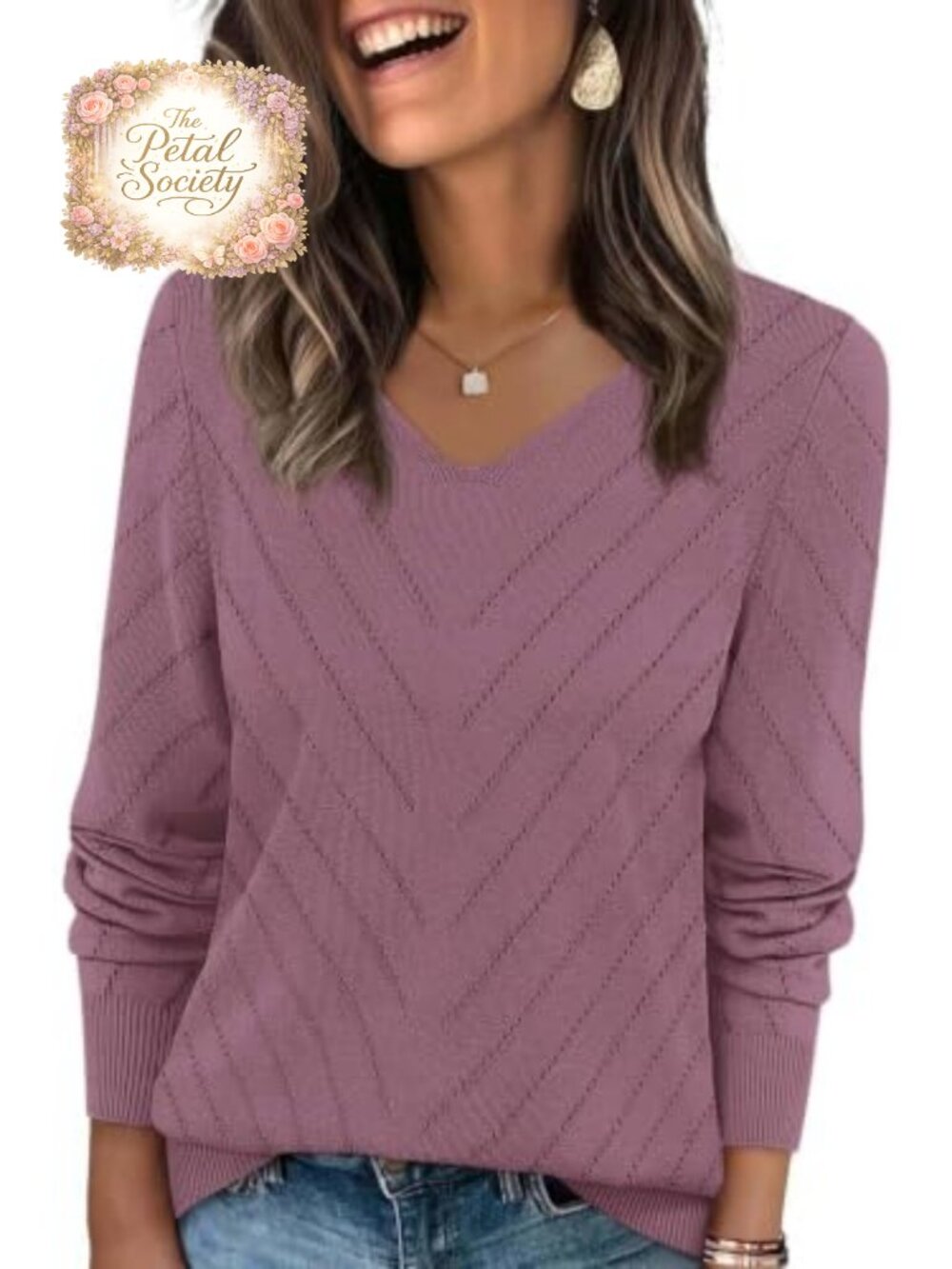 V Neck Long Sleeve Ribbed Knit Pullover Sweater Business Casual
